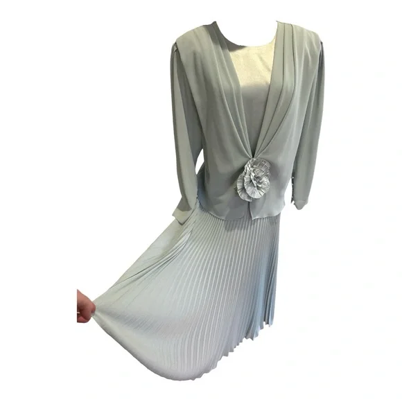 80s URSULA OF SWITZERLAND BLUE CHIFFON & SATIN DRESS W MICRO PLEAT SKIRT SZ 14W - Picture 3 of 7